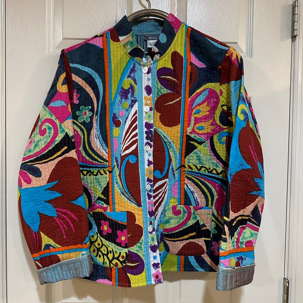 Anu Quilted Cotton‎ Silk Jacket Abstract Floral Multi-Color Button Front Large
